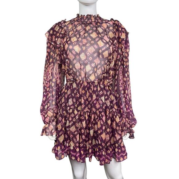 Ulla Johnson Women's 10 Burgundy Silk Vienne Metallic Smocked Mini Dress EUC - Picture 1 of 5